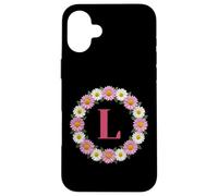 Initial Letter L Pink and White Daisy Flower Wreath Monogram Case for iPhone 16 Plus
