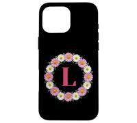 Initial Letter L Pink and White Daisy Flower Wreath Monogram Case for iPhone 16 Pro Max