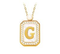Initial Letter Necklace with Mother of Pearl Inlay, 18K Gold PVD Coated Stainless Steel Pendant with Pearl Accent, Custom Alphabet Jewelry for Women (G)