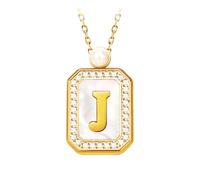 Initial Letter Necklace with Mother of Pearl Inlay, 18K Gold PVD Coated Stainless Steel Pendant with Pearl Accent, Custom Alphabet Jewelry for Women (J)