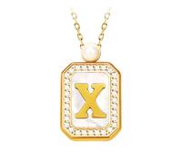 Initial Letter Necklace with Mother of Pearl Inlay, 18K Gold PVD Coated Stainless Steel Pendant with Pearl Accent, Custom Alphabet Jewelry for Women (X)