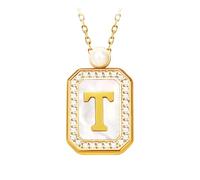Initial Letter Necklace with Mother of Pearl Inlay, 18K Gold PVD Coated Stainless Steel Pendant with Pearl Accent, Custom Alphabet Jewelry for Women (T)