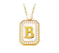 Initial Letter Necklace with Mother of Pearl Inlay, 18K Gold PVD Coated Stainless Steel Pendant with Pearl Accent, Custom Alphabet Jewelry for Women (B)