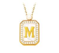 Initial Letter Necklace with Mother of Pearl Inlay, 18K Gold PVD Coated Stainless Steel Pendant with Pearl Accent, Custom Alphabet Jewelry for Women (M)