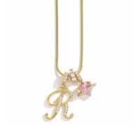 Initial Letter Necklace with Pink Heart Charm, Collar con Dijes de Letra Inicial y Corazón Rosa, Gold 3-Layering Initial A-Z Letter Pendant Necklace, Pink Heart Planet for Women Birthday (Gold, E)