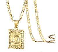 Initial Letter Pendant Necklace for Men Womens 1 Gold Plated Square Capital Monogram Necklace Alhpabets from A Z Figaro Chain Necklace Womens Locket (Green, 5)