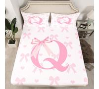 Initial Letter Q Chic Bed Sheet Set Dreamy Bow Love Hearts Kawaii Pink Sheet Sets Deep Pocket(No Flat Sheet),Princess Style Pink Bowknot Girly Romantic Mattress Cover,Single 1 Pillowcase