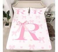 Initial Letter R Fitted Sheet,Princess Style Pink Bowknot Girly Romantic Soft Decorative Fabric Bedding Dreamy Bow Love Hearts Kawaii Pink Pocket Single Size with 1 Pillowcase