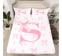 Initial Letter S Fitted Sheet Single Size,Dreamy Bow Love Hearts Kawaii Pink Bed Sheet with 1 Pillowcase,Princess Style Pink Bowknot Girly Romantic Soft Decorative Bedding(No Flat Sheet)