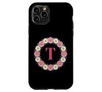 Initial Letter T Pink and White Daisy Flower Wreath Monogram Case for iPhone 11 Pro