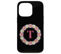 Initial Letter T Pink and White Daisy Flower Wreath Monogram Case for iPhone 13 Pro