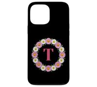 Initial Letter T Pink and White Daisy Flower Wreath Monogram Case for iPhone 13 Pro Max