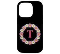 Initial Letter T Pink and White Daisy Flower Wreath Monogram Case for iPhone 14 Pro