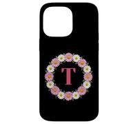 Initial Letter T Pink and White Daisy Flower Wreath Monogram Case for iPhone 14 Pro Max