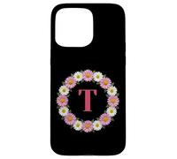 Initial Letter T Pink and White Daisy Flower Wreath Monogram Case for iPhone 15 Pro Max