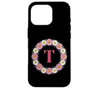 Initial Letter T Pink and White Daisy Flower Wreath Monogram Case for iPhone 16 Pro