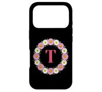Initial Letter T Pink and White Daisy Flower Wreath Monogram Case for iPhone 17 Pro