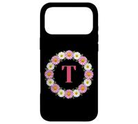 Initial Letter T Pink and White Daisy Flower Wreath Monogram Case for iPhone 17 Pro Max