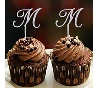 Initial M Cupcake Toppers Single Letter Monogram Name Branches Leaf Country For Wedding Anniversary Decorations Reusable Custom Any Initial Wedding Gifts Glitter Silver 24PCS