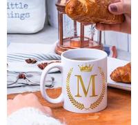 Initial M Gold Coffee Mug White A-Z 26 Letter Monogram Ceramic Accent Mugs Funny Physical Fitness Mugs Birthday Anniversary Wedding Gift for Coworker Unisex 11oz
