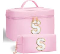 Initial Makeup Bag, 2pcs Initial Makeup Cosmetic Toiletry Bags for Women Girls, Leather Custom Monogram Personalized Cosmetic Bag, Birthday Gifts for 4 5 6 7 8 9 10 11 12 Year Old (S)