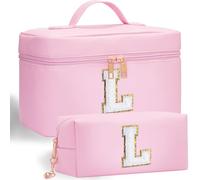 Initial Makeup Bag, 2pcs Initial Makeup Cosmetic Toiletry Bags for Women Girls, Leather Custom Monogram Personalized Cosmetic Bag, Birthday Gifts for 4 5 6 7 8 9 10 11 12 Year Old (L)