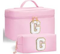 Initial Makeup Bag, 2pcs Initial Makeup Cosmetic Toiletry Bags for Women Girls, Leather Custom Monogram Personalized Cosmetic Bag, Birthday Gifts for 4 5 6 7 8 9 10 11 12 Year Old (G)