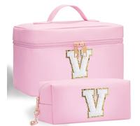 Initial Makeup Bag, 2pcs Initial Makeup Cosmetic Toiletry Bags for Women Girls, Leather Custom Monogram Personalized Cosmetic Bag, Birthday Gifts for 4 5 6 7 8 9 10 11 12 Year Old (V)