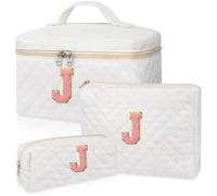 Initial Makeup Bag, Personalized Monogram Cosmetic Bag Set, Large Make up Bags | Travel Toiletry Bag | Makeup Bag for Girls Teen Girl Friend Sister Wife Girlfriend Gifts Daughter, White, J