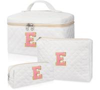 Initial Makeup Bag, Personalized Monogram Cosmetic Bag Set, Large Make up Bags | Travel Toiletry Bag | Makeup Bag for Girls Teen Girl Friend Sister Wife Girlfriend Gifts Daughter, White, E