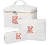 Initial Makeup Bag, Personalized Monogram Cosmetic Bag Set, Large Make up Bags | Travel Toiletry Bag | Makeup Bag for Girls Teen Girl Friend Sister Wife Girlfriend Gifts Daughter, White, K