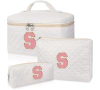 Initial Makeup Bag, Personalized Monogram Cosmetic Bag Set, Large Make up Bags | Travel Toiletry Bag | Makeup Bag for Girls Teen Girl Friend Sister Wife Girlfriend Gifts Daughter, White, S