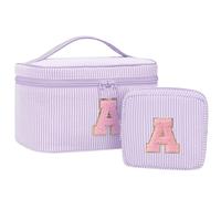 Initial Makeup Bag Set for Girls&Women,Monogram Cosmetic Bag with Brush Holder,Personalized Make Up Case for Girlfriend Graduation Teacher Gifts,Cute Toiletry Bag Preppy Chenille Letter Patch,Purple A