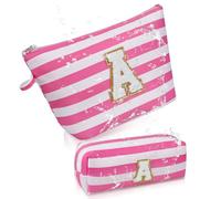 Initial Makeup Bag Set, Personalized Stripe Cosmetic Bag, Waterproof Travel Toiletry Bag, Cute Makeup Pouch for Women Preppy Teen Girls Gift Trendy Stuff Gift (Pink A), Pink A, Strip Letter Makeup Bag