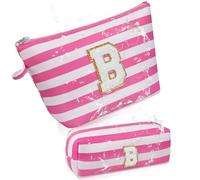 Initial Makeup Bag Set, Personalized Stripe Cosmetic Bag, Waterproof Travel Toiletry Bag, Cute Makeup Pouch for Women Preppy Teen Girls Gift Trendy Stuff Gift (Pink B), Pink B, Strip Letter Makeup Bag