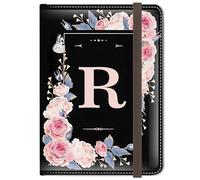 Initial Passport Holder, RFID Blocking Personalized Letter Passport Cover Wallet with Credit Card Slot and Boarding Pass Slot Combo, Leather Travel Documents Organizer Women Men, Flower letter R