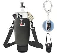 Initial Water Bottle Carrier with Strap for Stanley Tumbler Accessories 40oz 31oz, Stanley Cup Holder with Purse, Charms & Name Plate for Lid & Straw Toppers, Graduation Gifts (L, Black)