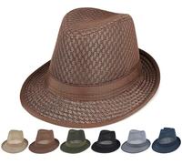 Initlove Mesh Fedora Hat for Men Short Brimmed Trilby Panama Hat Packable A Coffee