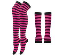 Initlove Women Extra Long Thigh High Socks Stripes Over Knee Socks and Fingerless Gloves for Cosplay Costumen Rose Red