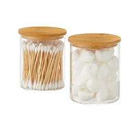 INIUNIK Glass Qtip Holder Dispenser with Bamboo Lid - 2 Pack Apothecary Jars - Cotton Balls Pads Swabs Holder Jar - Bathroom Vanity Canisters Jars for Countertop Storage and Organization