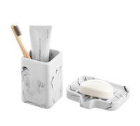 INIUNIK Toothbrush Holder and Soap Dish Set, Resin Toothbrush Cup Bathroom Cup Tumbler Marble Design, Self Draining Bar Soap Holder Shower for Bathroom Holder and Organizer, White