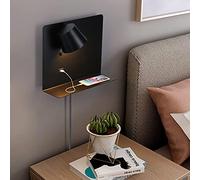 INJAK Bedside Wall Mount Light with USB Port and Switch, Black Wall Sconce with Plug in Cord, Large Wall Lamp with Shelf Holding for Bedroom, Living Room and Hotel 2700k Warm Lighting