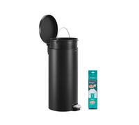 (Ink Black) Kitchen Bin, Round Trash Bin with 15 Trash Bags, Metal Pedal, Removable Plastic Inner Bucket, Handle