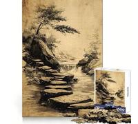 Ink Drawing of Stepping Stones Waterfall 1000 Piece Jigsaw Puzzles for Adults Jigsaw Unwind Game Perfect Connection Playful Challenge Room Art (38x52cm)
