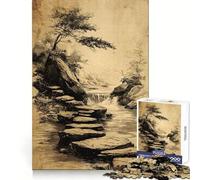 Ink Drawing of Stepping Stones Waterfall 1000 Piece Jigsaw Puzzles for Teenagers Jigsaw Mental Skill Clear Color Enjoyable Challenge Home Decor (50x75cm)