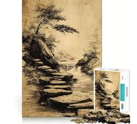 Ink Drawing of Stepping Stones Waterfall 1000-piece Puzzle for Adults Mental Skill Bright Print Enjoyable Challenge Birthday Surprise (38x26cm)