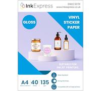 Ink Express A4 Gloss Inkjet Vinyl Sticker Paper - Compatible with Inkjet Printers - Self Adhesive Sticky Back Labels - Vivid Colour, Glossy, Water Resistant (40 Sheets)