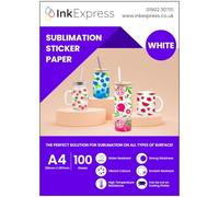 Ink Express A4 White Sublimation Sticker Paper - Compatible with Epson, Sawgrass Sublimation Printers - Vivid Colour, Glossy, White, Water Resistant (100 Sheets)
