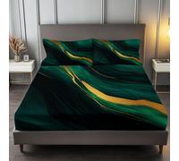 Ink Green Printed Fitted Sheet for Single Bed, Luxury Easy Care Marble Swirl Stripes Fitted Bed Sheets Soft Breathable Fade Resistant 30 cm Extra Deep Pocket 90 x 190 cm
