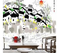 Ink House Boat Tree Sunrise Flying Bird 3D Wallpaper Textured Silk Easy Install Living Room Sofa Bedroom Dining Room Home Decoration Wall-250cm×170cm
